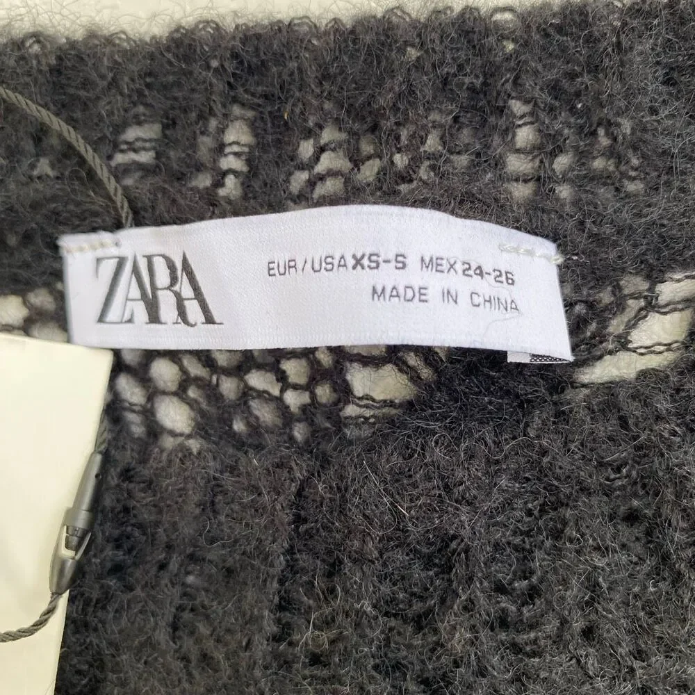 NWT Zara Open Knit Sweater XS/S Black Sheer Boho Grunge Pullover
